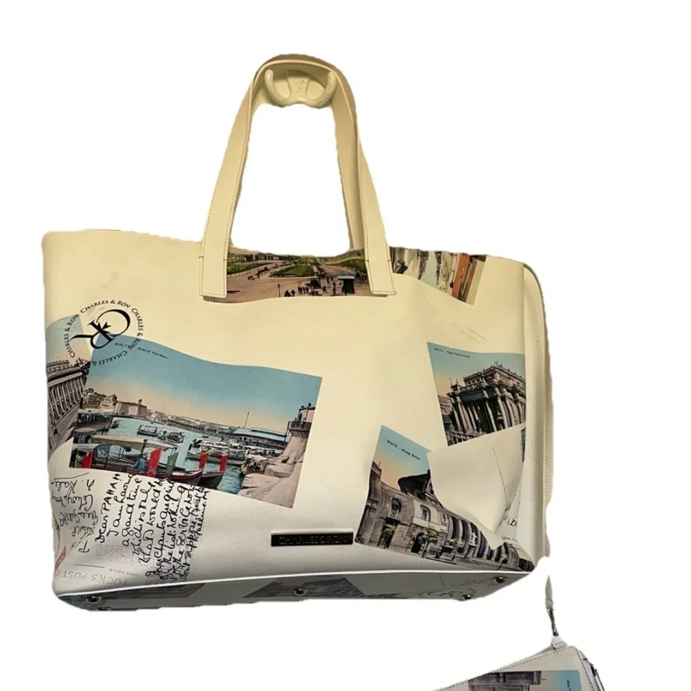 CHARLES & RON European POSTCARDS Print SHOULDER BAG Purse SET - Picture 6 of 16